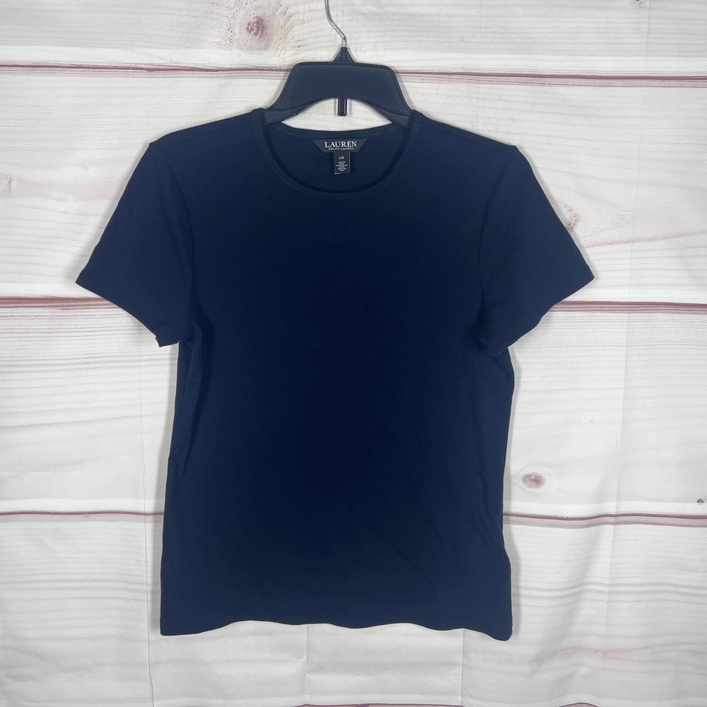 Lauren Ralph Lauren T-Shirt Womens Large Navy Blue Crew Neck Short Sleeve Cotton